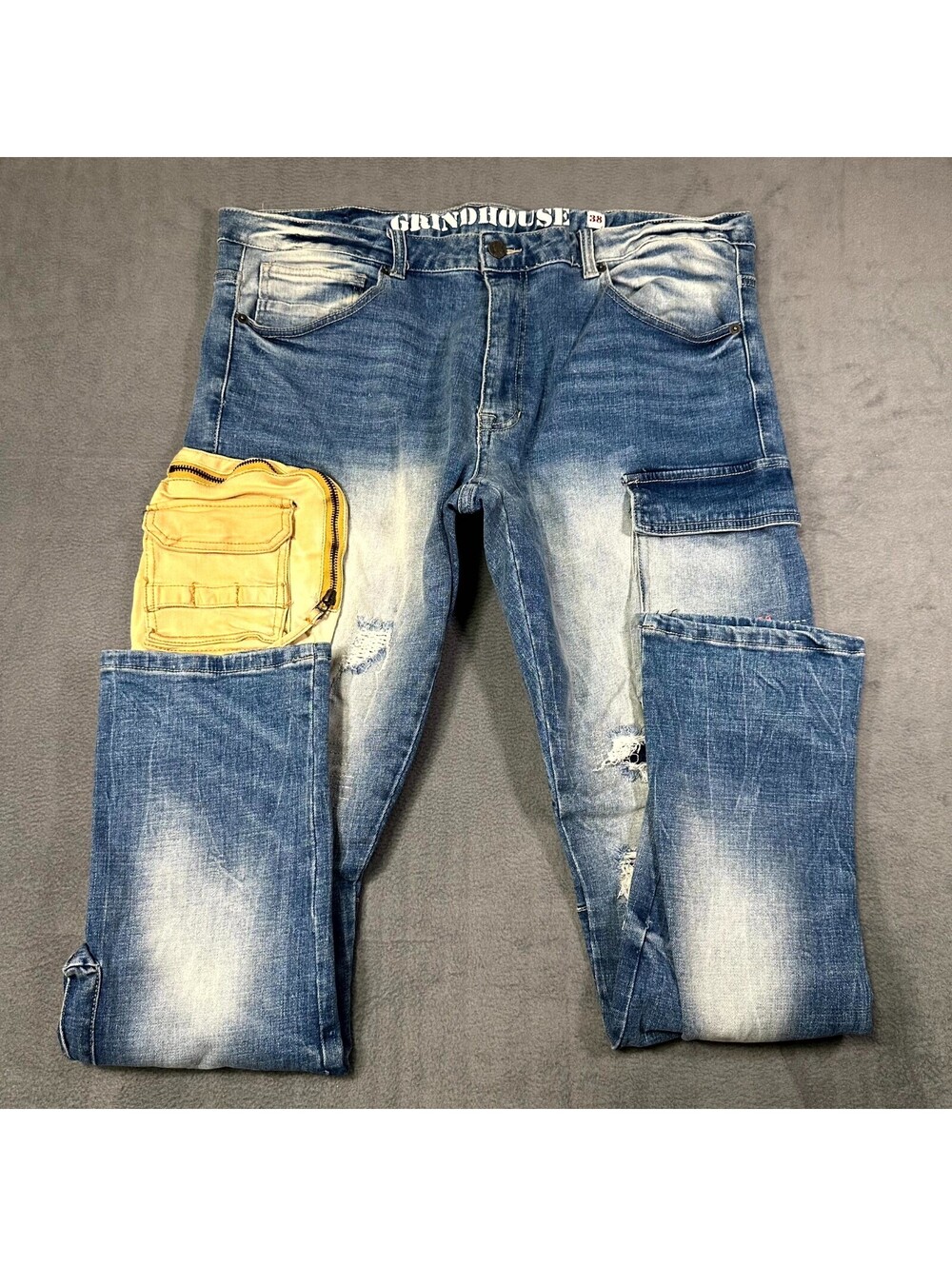 Grindhouse Jeans Blue Denim Mens 38 Cargo Utility Pockets Y2K Urban Streetwear